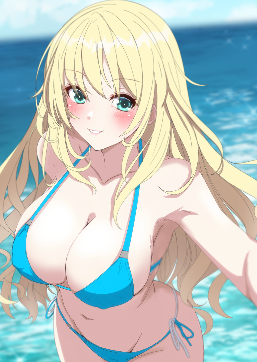 1girl absurdres aqua_eyes atago_(kancolle) bikini blonde_hair blue_bikini breasts cleavage collarbone commentary_request covered_nipples highres kantai_collection large_breasts long_hair looking_at_viewer navel nitamako_(sakamalh) ocean outdoors parted_lips side-tie_bikini_bottom smile solo swimsuit