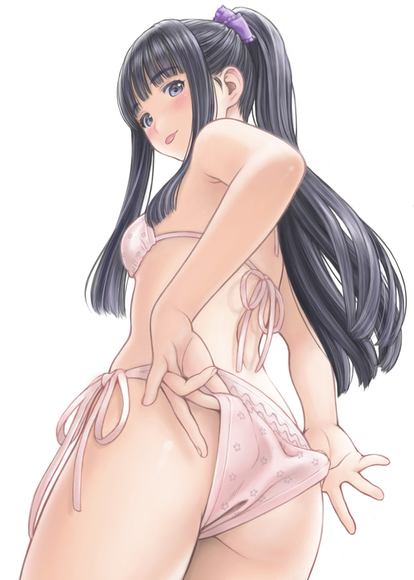 1girl adjusting_clothes ass ass_focus bikini bikini_bottom_pull black_hair blush breasts copyright_request from_below highres long_hair looking_at_viewer looking_back medium_breasts pink_bikini ponytail purple_hair smile solo swimsuit tongue tongue_out very_long_hair yug_(ekaki)