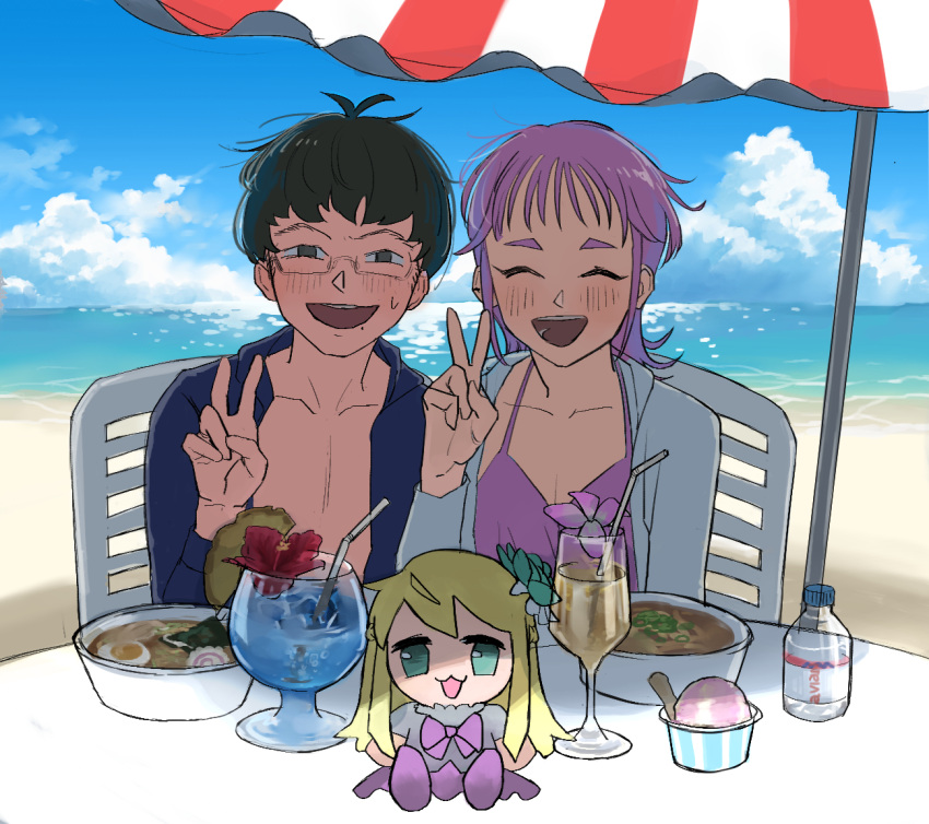 1boy 1girl antenna_hair beach beach_umbrella bent_v bikini black_eyes black_hair blue_shirt blue_sky blush bottle choppy_bangs closed_eyes cloud collarbone egg_(food) facing_viewer food glasses hand_up hood hood_down hoodie horizon ice_cream_cup inkya_lovecome kagami_tooru kamaboko long_hair looking_at_viewer memo1115925 mole mole_under_mouth monobloc_(chair) narutomaki noodles ocean on_chair oohashi_taiga open_clothes open_hoodie open_mouth open_shirt outdoors purple_bikini purple_hair ramen sand shade shirt short_hair side-by-side sitting sky small_sweatdrop smile stuffed_toy swimsuit table thick_eyebrows tropical_drink umbrella v water_bottle white_hoodie