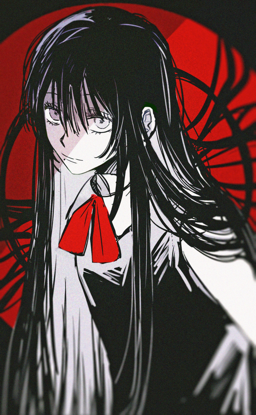 1girl absurdres bangs black_background closed_mouth dmsco1803 dress expressionless hair_between_eyes highres jujutsu_kaisen long_hair looking_at_viewer mole mole_under_mouth neck_ribbon orimoto_rika partially_colored red_background red_ribbon ribbon sleeveless sleeveless_dress solo two-tone_background upper_body very_long_hair