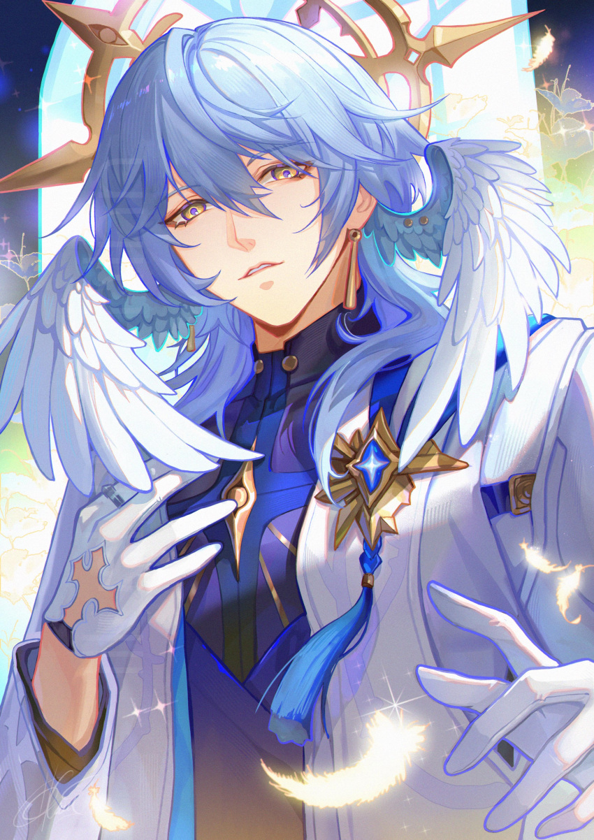 1boy absurdres blue_hair blue_tassel brooch chinnpou dangle_earrings earrings english_commentary falling_feathers feathers glove_cutout gloves glowing_feather hair_between_eyes halo halo_behind_head hand_on_own_chest hands_up head_wings highres honkai:_star_rail honkai_(series) jacket jewelry long_sleeves looking_at_viewer male_focus medium_hair parted_lips purple_shirt ring shirt signature solo sparkle sunday_(honkai:_star_rail) tassel upper_body white_gloves white_jacket white_wings wing_piercing wings yellow_eyes