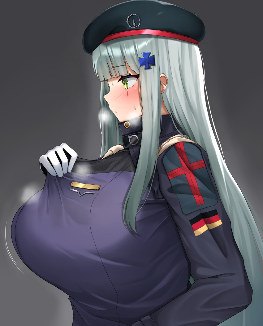 1girl absurdres beret breasts german_flag gigantic_breasts girls'_frontline grey_background grey_hair hat highres hk416_(girls'_frontline) long_hair looking_to_the_side simple_background solo teardrop_tattoo yellow_eyes zawashi_(zawashio1013)