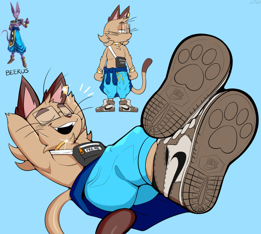 absurd_res anthro bag beerus black_eyes blue_background bottomwear bracelet brown_body brown_fur brown_hair brown_nose clothed clothing collar cosplay dipstick_tail domestic_cat dragon_ball dragon_ball_super ear_piercing ear_ring eyebrows eyes_closed eyewear felid feline felis footprint footwear fur glasses hair half-closed_eyes hands_behind_head hi_res jewelry jewlery jinu jinu_(character) looking_aside lying male mammal multicolored_body multicolored_fur multicolored_tail narrowed_eyes nike on_back open_mouth pants pawprint piercing reference_image simple_background smile solo topless two_tone_body two_tone_fur whiskers