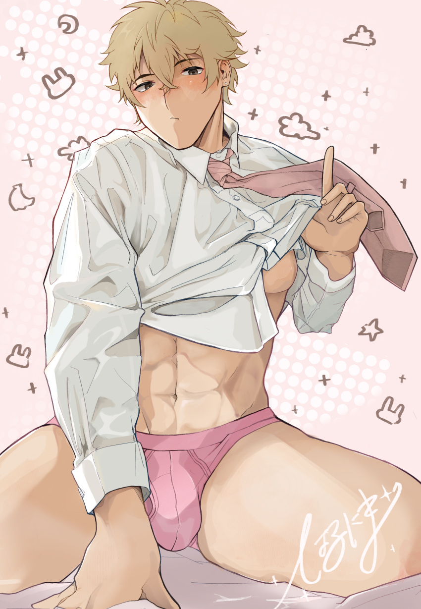 1boy :/ abs absurdres arm_support bed_sheet between_legs blonde_hair blush briefs brown_eyes bulge clothes_lift commentary_request crotch_seam double-parted_bangs dress_shirt earrings hair_between_eyes hand_between_legs hand_up harunima highres jewelry kneeling lifted_by_self long_sleeves looking_at_viewer male_focus male_underwear navel necktie no_pants original pink_background pink_male_underwear pink_necktie polka_dot polka_dot_background pout shirt shirt_lift short_hair signature solo spread_legs stud_earrings toned toned_male underpec underwear white_shirt