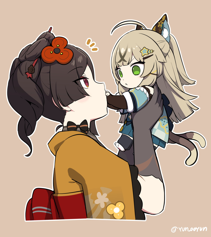 2girls :&lt; absurdres aged_down ahoge animal_feet artist_name black_bow blue_skirt blunt_bangs blush bow brown_background brown_hair cat_tail chiori_(genshin_impact) closed_mouth commentary_request cropped_shoulders double-parted_bangs drill_hair drill_ponytail eye_contact eyeshadow floral_print frown genshin_impact gloves green_eyes grey_gloves hair_bow hair_ornament hair_stick hairclip highres holding japanese_clothes kimono kirara_(genshin_impact) korean_commentary leg_warmers lifting_person long_hair looking_at_another makeup multiple_girls multiple_tails notice_lines obi obijime ooyun outline pleated_skirt ponytail profile red_eyes red_eyeshadow red_sash sash short_sleeves sidelocks simple_background skirt tail twitter_username two_tails upper_body v-shaped_eyebrows white_outline wide_sleeves x_hair_ornament yellow_kimono