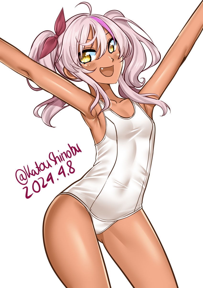 absurdres ahoge breasts comandante_cappellini_(kancolle) covered_navel dark-skinned_female dark_skin dated fang highres i-503_(kancolle) kantai_collection katou_shinobu long_hair multicolored_hair old_school_swimsuit one-hour_drawing_challenge one-piece_swimsuit outstretched_arms pink_hair school_swimsuit simple_background small_breasts smile standing streaked_hair swimsuit twintails twitter_username white_background white_one-piece_swimsuit yellow_eyes