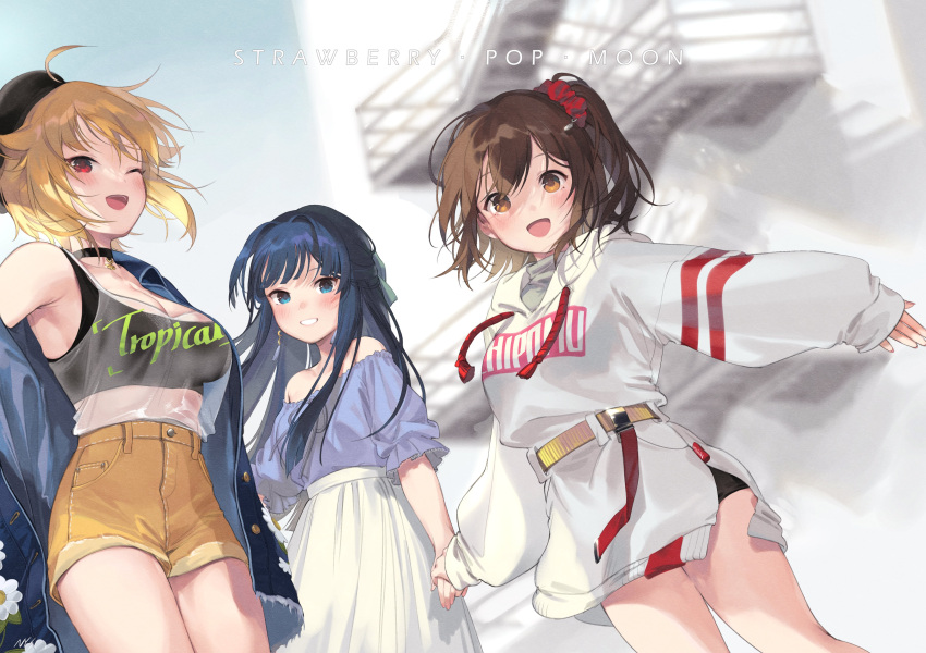 3girls :d ;d absurdres ahoge arm_at_side artist_name bangs bare_shoulders beret black_choker black_hair black_headwear black_shorts black_tank_top blonde_hair blue_eyes blue_jacket blue_shirt blunt_bangs blurry blurry_background blush breasts brown_eyes brown_hair building buttons camisole character_name choker cleavage clothes_writing collarbone cowboy_shot crescent crescent_earrings crop_top cutoffs day denim denim_jacket denim_shorts drawstring dutch_angle earrings eyebrows_visible_through_hair fingernails floral_print frilled_sleeves frills green_ribbon grin group_name hair_flaps hair_ornament hair_ribbon hair_scrunchie half_updo hand_up hat highres holding_hand hood hood_down hoodie hoodie_dress ibuki_tsubasa idolmaster idolmaster_million_live! idolmaster_million_live!_theater_days jacket jewelry kasuga_mirai long_hair long_sleeves looking_at_viewer medium_breasts midriff mogami_shizuka multiple_girls nys off-shoulder_shirt off_shoulder one_eye_closed one_side_up open_clothes open_jacket open_mouth outdoors outstretched_arm pleated_skirt pocket print_jacket railing red_eyes red_scrunchie ribbon scrunchie sheer_clothes shirt shirt_tucked_in short_hair short_sleeves shorts side_slit sidelocks single_bare_shoulder skirt sleeves_past_wrists smile stairs standing tank_top tilted_headwear white_hoodie white_skirt yellow_belt yellow_shorts