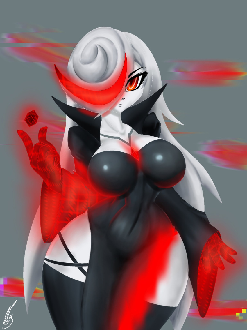 artificial_intelligence barely_sly big_breasts black_clothing black_dress breasts clothing corruption dress female hair hair_over_eye hi_res humanoid one_eye_obstructed sage_(sonic) sega solo sonic_frontiers sonic_the_hedgehog_(series) wide_hips