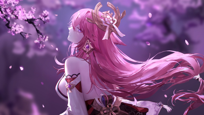 1girl animal_ears bare_shoulders blurry blurry_background branch breasts cherry_blossoms closed_mouth dangle_earrings detached_sleeves earrings expressionless falling_petals fek_zin floating_hair floppy_ears fox_ears genshin_impact head_back highres japanese_clothes jewelry large_breasts long_hair looking_at_viewer low-tied_long_hair nontraditional_miko petals pink_hair purple_eyes sideboob sideways_glance solo tree upper_body very_long_hair yae_miko