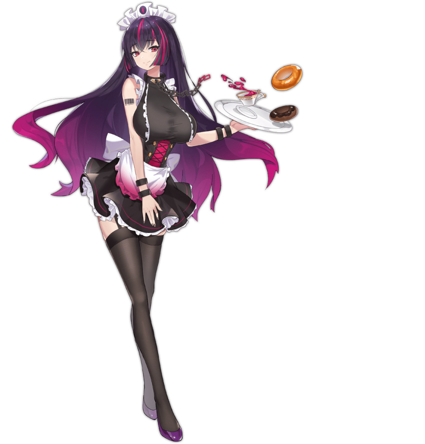 1girl apron ark_order black_corset black_hair black_nails black_shirt black_thighhighs bottle bracelet breasts cart chain collar corset cthulhu_mythos cup doughnut food frilled_apron frilled_shirt frills full_body holding holding_plate holding_tray jewelry large_breasts maid_headdress multicolored_hair official_art pink_hair plate purple_footwear red_eyes shirt shoes shoggoth_(ark_order) sk_tori solo streaked_hair tachi-e teacup thighhighs transparent_background tray waist_apron white_apron wine_bottle