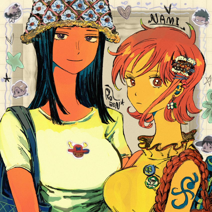 2girls arm_tattoo bag black_hair blunt_ends character_name closed_mouth collar commentary daisy earrings flower frilled_collar frills hat heart highres jewelry looking_at_viewer makenevemoiine monkey_d._luffy multiple_girls nami_(one_piece) nico_robin one_piece orange_eyes orange_hair purple_eyes roronoa_zoro sanji_(one_piece) shirt short_hair short_sleeves shoulder_bag smile t-shirt tattoo tony_tony_chopper upper_body usopp white_shirt