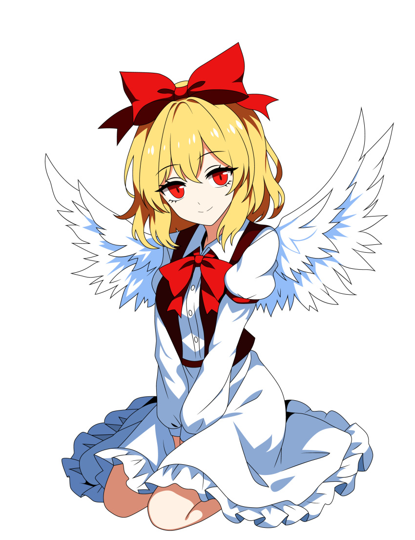 1girl absurdres angel_wings between_legs blonde_hair bow bowtie breasts brown_vest closed_mouth collared_shirt commentary_request feathered_wings frilled_skirt frills gengetsu_(touhou) hair_bow hand_between_legs happy head_tilt highres juliet_sleeves long_sleeves looking_at_viewer medium_hair open_clothes open_vest puffy_sleeves red_bow red_bowtie red_eyes seiza shirt simple_background sitting skirt small_breasts smile solo ssaf52913778 touhou touhou_(pc-98) v_arms vest white_background white_shirt white_wings wings