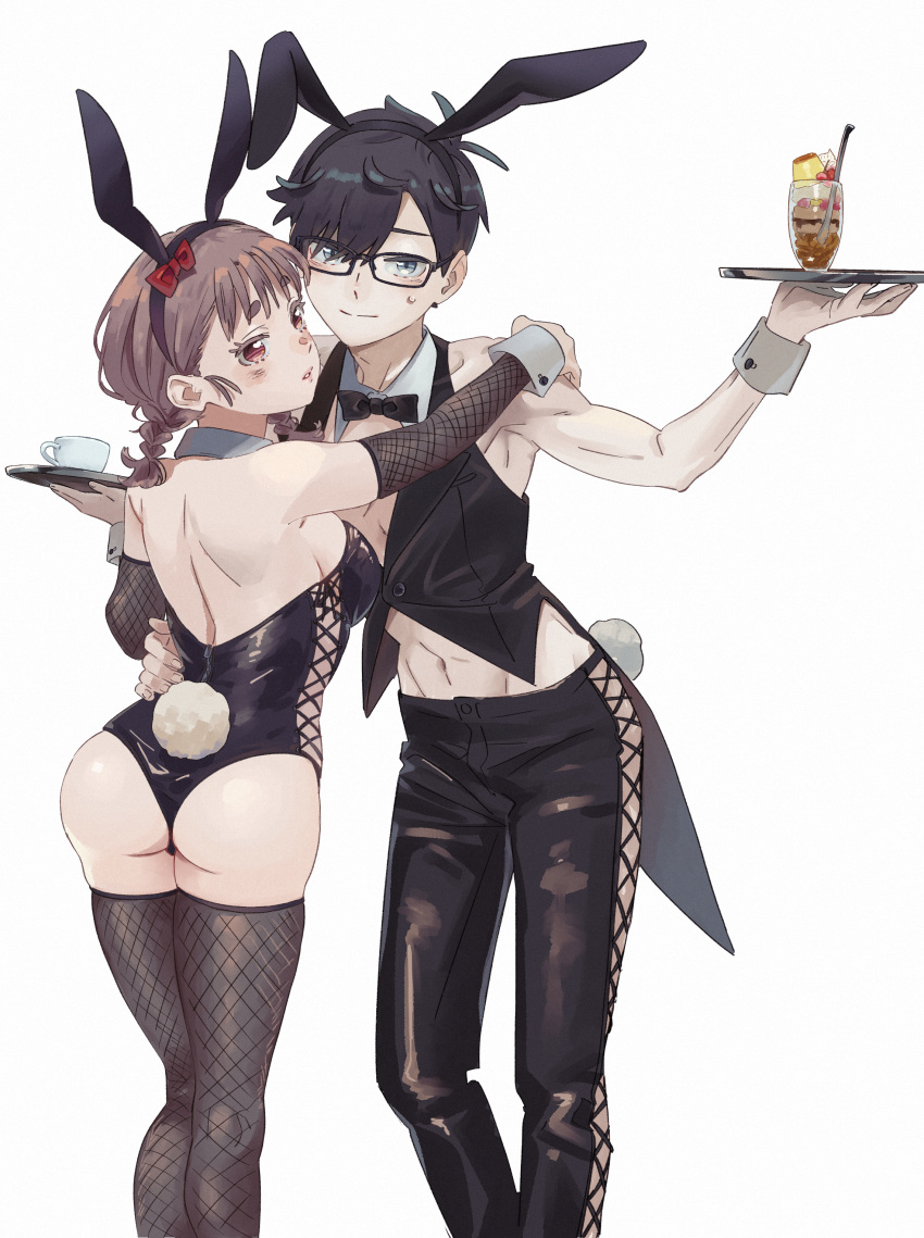 1boy 1girl absurdres animal_ears ass bare_shoulders black_bow black_bowtie black_hair black_leotard black_pants black_vest blue_eyes bow bowtie braid breasts closed_mouth cross-laced_pants cup detached_collar detached_sleeves drinking_glass embarrassed fake_animal_ears feet_out_of_frame fishnet_sleeves fishnet_thighhighs fishnets food glasses groin hair_bow hairband hand_on_another's_shoulder hand_on_another's_waist hands_up highres holding holding_tray leotard looking_back medium_breasts medium_hair mi_(pic52pic) navel original outstretched_arm pants parfait parted_lips playboy_bunny pudding rabbit_ears rabbit_tail red_bow revealing_clothes short_hair simple_background smile standing strapless strapless_leotard sweatdrop tail thighhighs toned toned_male tray twin_braids twintails vest waiter waitress white_background wrist_cuffs