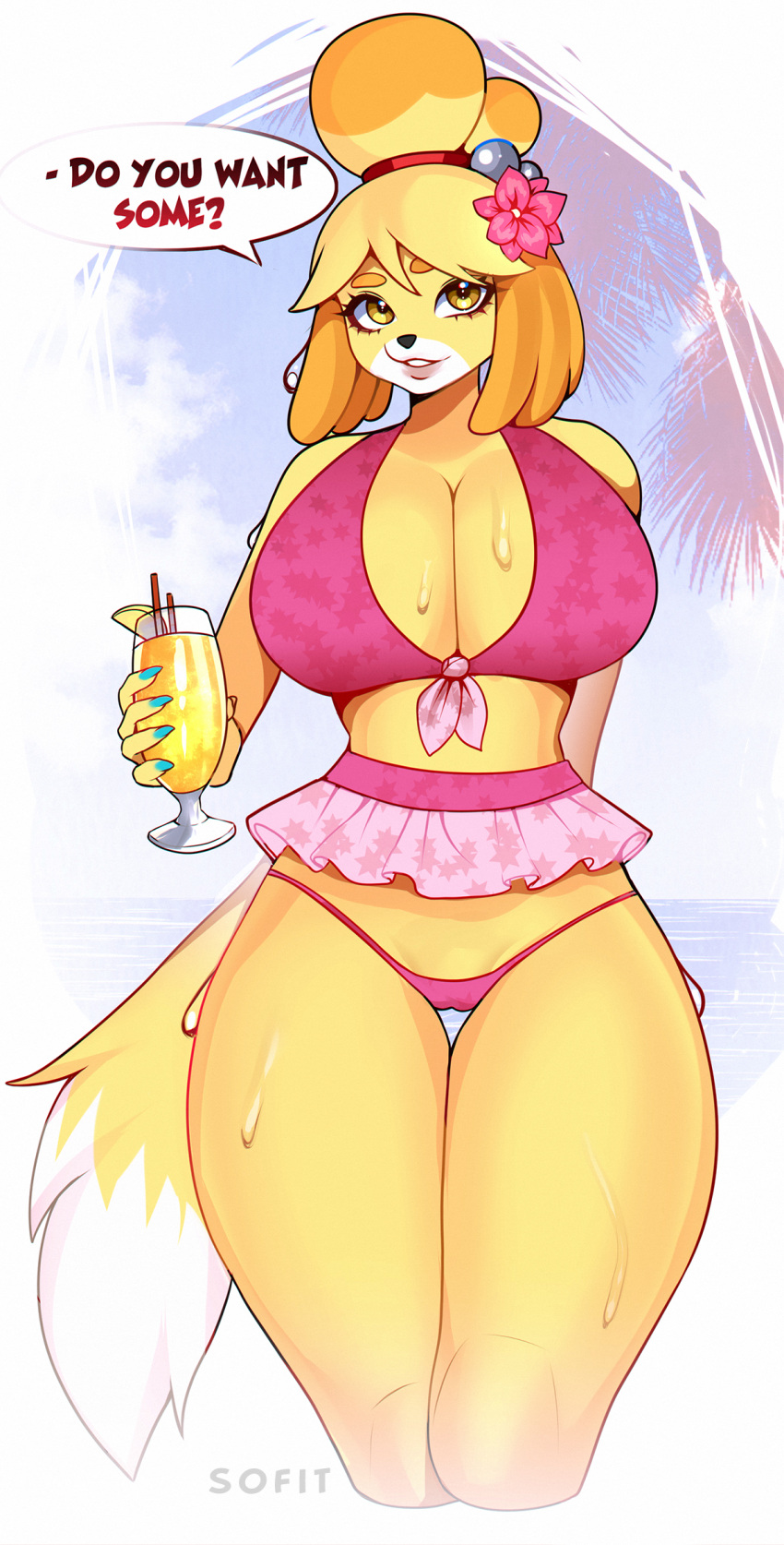 alcohol animal_crossing anthro beach beverage big_breasts breasts canid canine clothing clothing_aside cocktail cocktail_glass container cup drinking_glass female flower glass glass_container glass_cup hi_res isabelle_(animal_crossing) mammal nintendo palm_tree plant sea sofit solo summer summer_scorch swimwear swimwear_aside tree water yellow_body