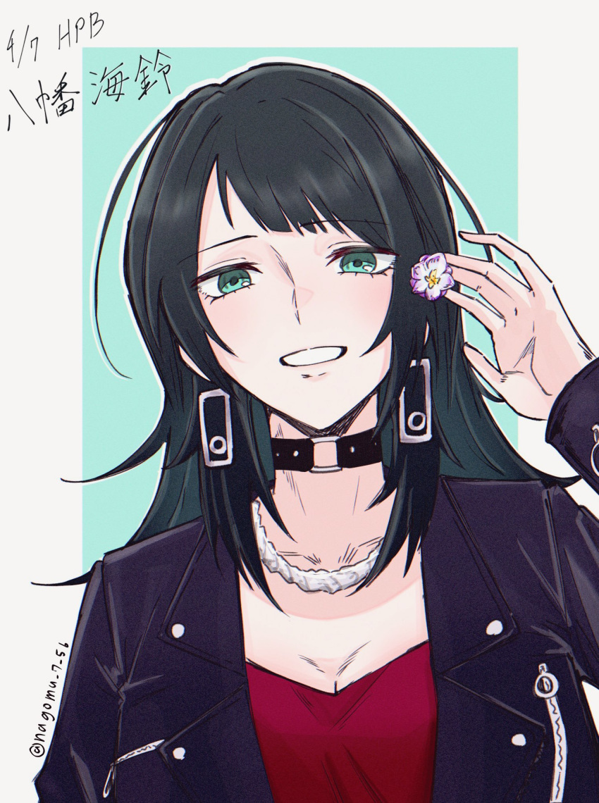 1girl bang_dream! bang_dream!_it's_mygo!!!!! black_choker black_hair black_jacket breasts character_name choker cleavage collarbone commentary dated earrings flower green_eyes hair_flower hair_ornament hand_up happy_birthday highres jacket jewelry long_sleeves looking_at_viewer medium_hair nagomu_7_56 necklace open_clothes open_jacket open_mouth red_shirt shirt smile solo translated twitter_username upper_body yahata_umiri zipper zipper_pull_tab