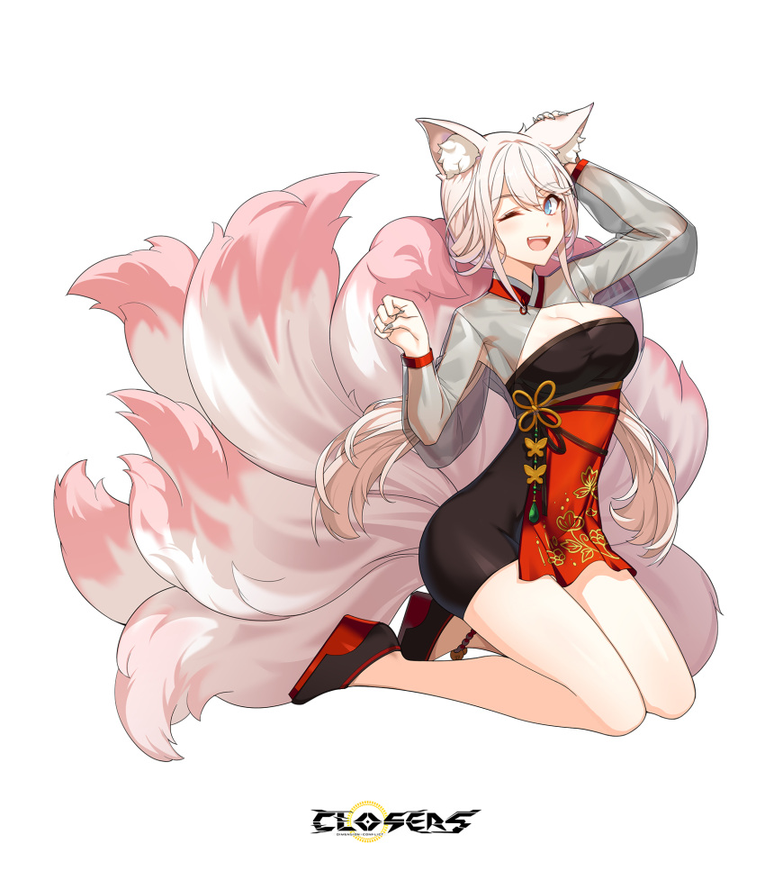 1girl ;d alternate_hair_color animal_ear_fluff animal_ears ankle_bell arm_up armpits bare_legs black_dress black_footwear blue_eyes breasts cleavage cleavage_cutout closers clothing_cutout copyright_name dress fang fingernails fox_ears fox_girl fox_tail from_side full_body hand_on_own_ear hands_up high_heels highres kitsune kneeling kyuubi large_breasts layered_dress logo long_fingernails long_hair long_sleeves looking_at_viewer low_twintails multiple_tails official_art one_eye_closed open_mouth paw_pose pink_tail red_dress see-through see-through_sleeves smile solo tachi-e tail teeth twintails two-tone_dress upper_teeth_only very_long_hair wedge_heels white_background white_hair yuri_seo