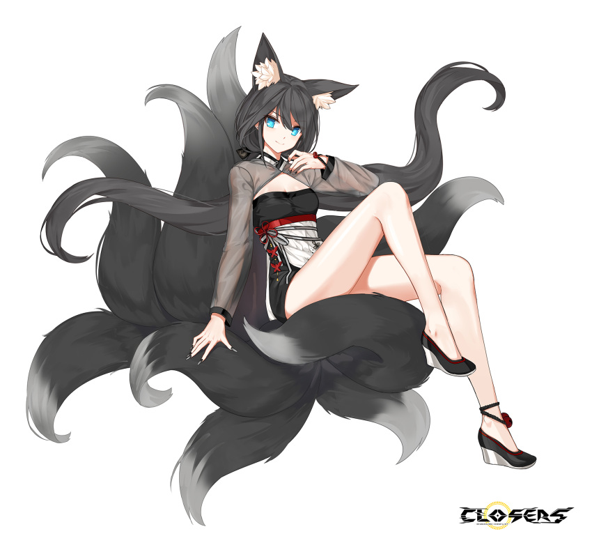 1girl alternate_hair_color animal_ear_fluff animal_ears ankle_bell arm_support bare_legs black_bow black_dress black_footwear black_hair black_sleeves black_tail blue_eyes bow breasts cleavage cleavage_cutout closed_mouth closers clothing_cutout copyright_name dress fingernails floating_hair fox_ears fox_girl fox_tail full_body hair_bow hand_up high_heels highres kitsune knee_up kyuubi layered_dress logo long_fingernails long_hair long_sleeves looking_at_viewer low_twintails medium_breasts multiple_tails official_art see-through see-through_sleeves seulbi_lee sitting sitting_on_tail smile smirk solo tachi-e tail twintails two-tone_dress very_long_hair wedge_heels white_background white_dress