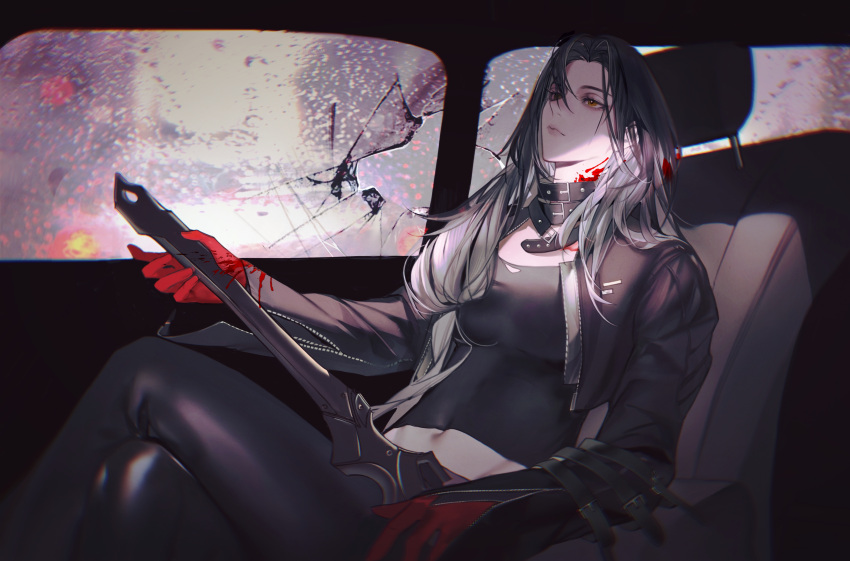 1girl absurdres aelouses angell_(path_to_nowhere) belt_collar black_hair black_jacket black_leggings black_shirt blood blood_on_hands blood_on_neck breasts broken_glass car_interior car_seat chinese_commentary collar commentary cropped_jacket crossed_legs feet_out_of_frame forehead from_side glass gloves gradient_background grey_hair highres holding holding_sword holding_weapon jacket leaning_back leggings looking_up medium_breasts midriff navel open_clothes open_jacket parted_bangs path_to_nowhere red_gloves shattered shirt sitting solo sword toned torn_clothes torn_shirt weapon yellow_eyes