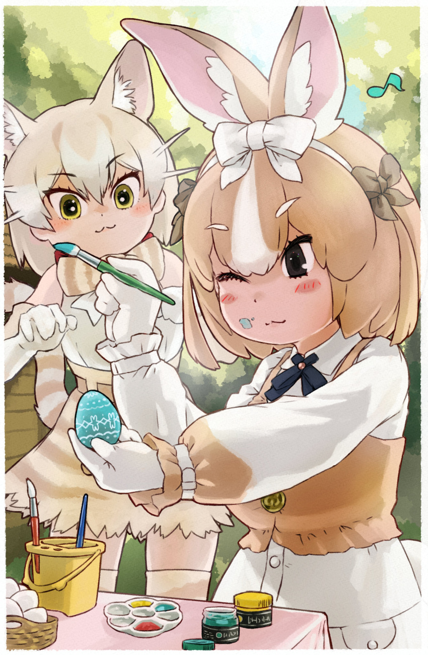 2girls :3 absurdres animal_ears animal_print bare_shoulders blonde_hair blue_bow blue_bowtie blush bow bowtie brown_bow brown_dress brown_eyes brown_vest cat_(kemono_friends) cat_ears cat_girl cat_print cat_tail collar collared_dress domestic_rabbit_(kemono_friends) dress easter_egg egg elbow_gloves extra_ears gloves hair_between_eyes hair_bow high-waist_skirt highres japari_symbol kemono_friends light_brown_hair long_sleeves multicolored_hair multiple_girls one_eye_closed paint_splatter paint_splatter_on_face paintbrush print_bow print_bowtie print_skirt print_thighhighs puffy_sleeves rabbit_ears rabbit_girl rabbit_tail red_collar shirt sidelocks skirt sleeveless tail thighhighs toriny two-tone_dress two-tone_hair vest white_bow white_dress white_gloves white_hair white_shirt yellow_eyes zettai_ryouiki