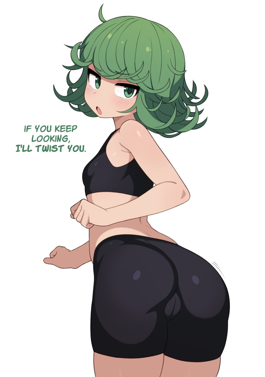 1girl ass bare_arms bike_shorts black_shorts black_sports_bra breasts cowboy_shot curly_hair english_commentary english_text from_behind green_eyes green_hair highres looking_back mikoscrub one-punch_man open_mouth short_hair shorts simple_background small_breasts solo sports_bra tatsumaki white_background