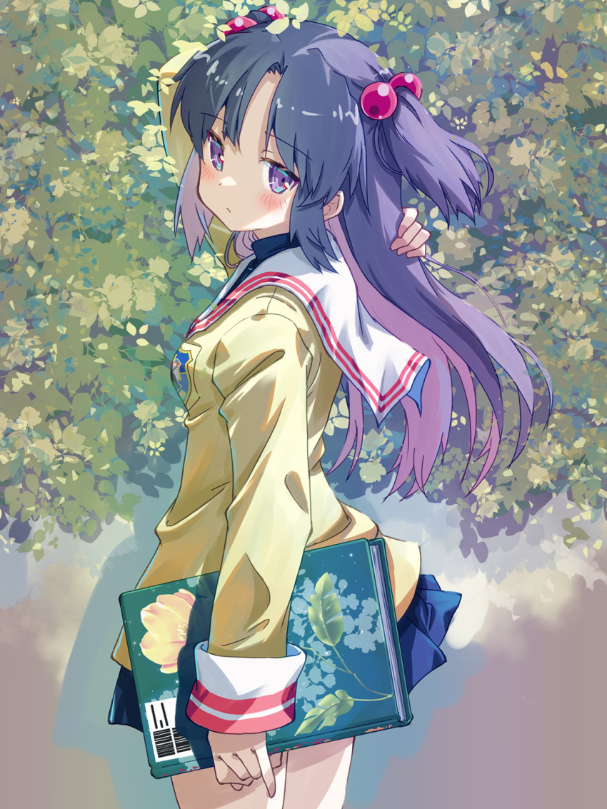 1girl akayama_yukihe blue_skirt book clannad expressionless hair_flowing_over highres hikarizaka_private_high_school_uniform holding holding_book ichinose_kotomi jacket looking_at_viewer looking_to_the_side purple_eyes purple_hair school_uniform skirt solo yellow_jacket