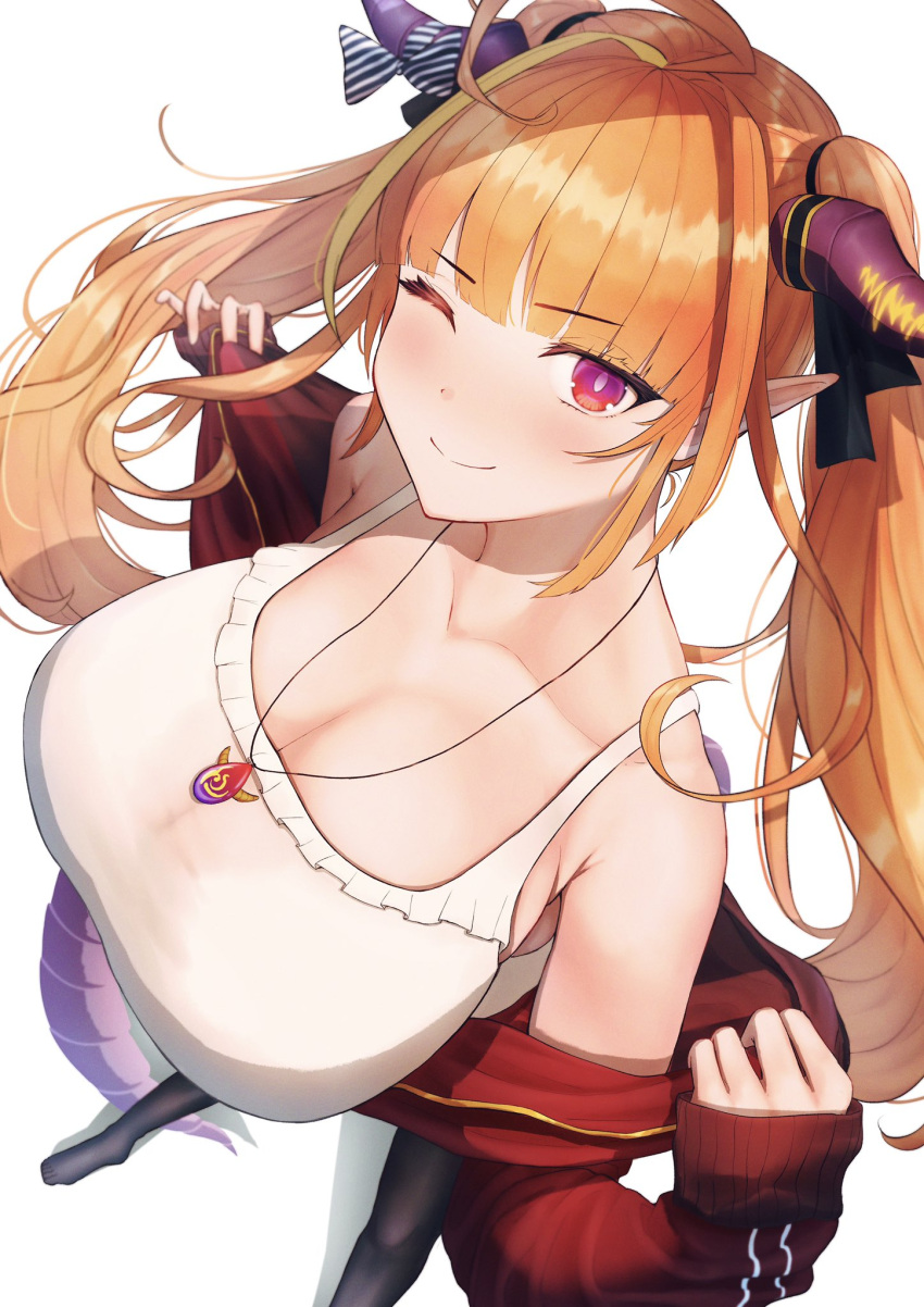 1girl ahoge armpit_crease bangs bare_shoulders black_legwear black_ribbon blonde_hair blunt_bangs bow breasts bright_pupils camisole cleavage collarbone commentary_request diagonal-striped_bow dragon_girl dragon_horns dragon_tail eyebrows_visible_through_hair foot_out_of_frame frilled_camisole from_above hair_intakes hair_ribbon highlights highres hololive horn_bow horns ichi_yoshida jacket jewelry kiryu_coco large_breasts light_blush long_hair long_sleeves looking_at_viewer looking_up multicolored multicolored_eyes multicolored_hair no_shoes off_shoulder official_alternate_costume one_eye_closed open_clothes open_jacket orange_hair pendant pointy_ears purple_eyes red_eyes red_jacket ribbon scales sidelocks simple_background sleeves_past_wrists slit_pupils smile solo spaghetti_strap streaked_hair striped striped_bow tail thighhighs track_jacket twintails virtual_youtuber white_background white_camisole white_pupils