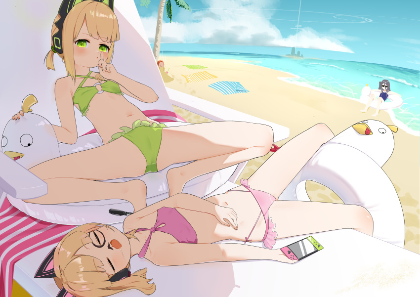 4girls absurdres animal_ear_headphones animal_ears aris_(blue_archive) beach blonde_hair blue_archive blush breasts cameltoe cloud collarbone fake_animal_ears game_console headphones highres innertube long_hair lying marshal_(artist) midori_(blue_archive) momoi_(blue_archive) multiple_girls navel ocean one-piece_swimsuit open_mouth palm_tree sleeping small_breasts stomach sunglasses swim_ring swimsuit thighs tree water yuzu_(blue_archive)