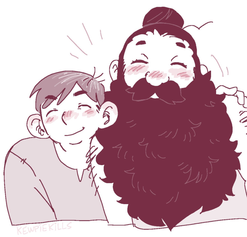 2boys alternate_body_hair bara beard blush chilchuck_tims couple cropped_torso dungeon_meshi dwarf facial_hair facing_viewer hair_bun happy happy_aura highres interracial kewpie_(kewpiekills) long_beard male_focus monochrome multiple_boys pink_theme plump senshi_(dungeon_meshi) single_hair_bun thick_arm_hair thick_mustache very_long_beard yaoi