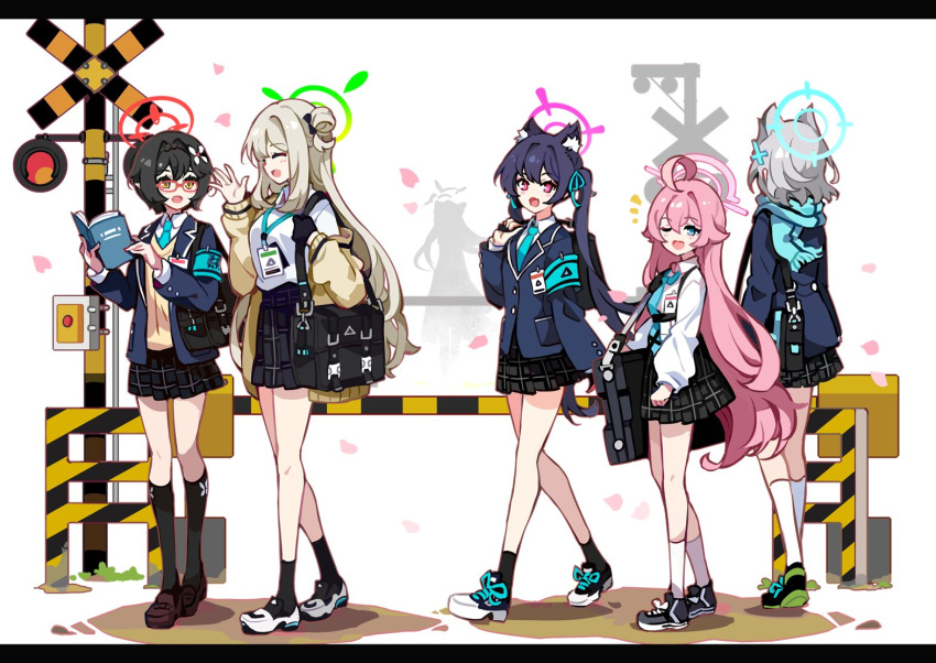 6+girls animal_ear_fluff animal_ears ayane_(blue_archive) bag black_socks blue_archive cat_ears cat_girl closed_eyes foreclosure_task_force_(blue_archive) glasses halo hoshino_(blue_archive) ideolo multiple_girls nonomi_(blue_archive) pointy_ears school_bag school_uniform serika_(blue_archive) shiroko_(blue_archive) shiroko_terror_(blue_archive) shoes sneakers socks white_socks wolf_ears wolf_girl