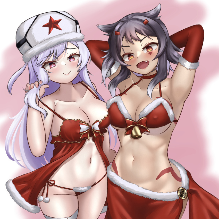 absurdres alternate_costume ash_arms blush breasts brown_eyes cleavage closed_mouth detached_sleeves fang grey_hair hair_ornament hat highres kv-1_(ash_arms) looking_at_viewer m10_(ash_arms) navel no_panties panties red_eyes reij_dddn santa_costume simple_background smile underwear