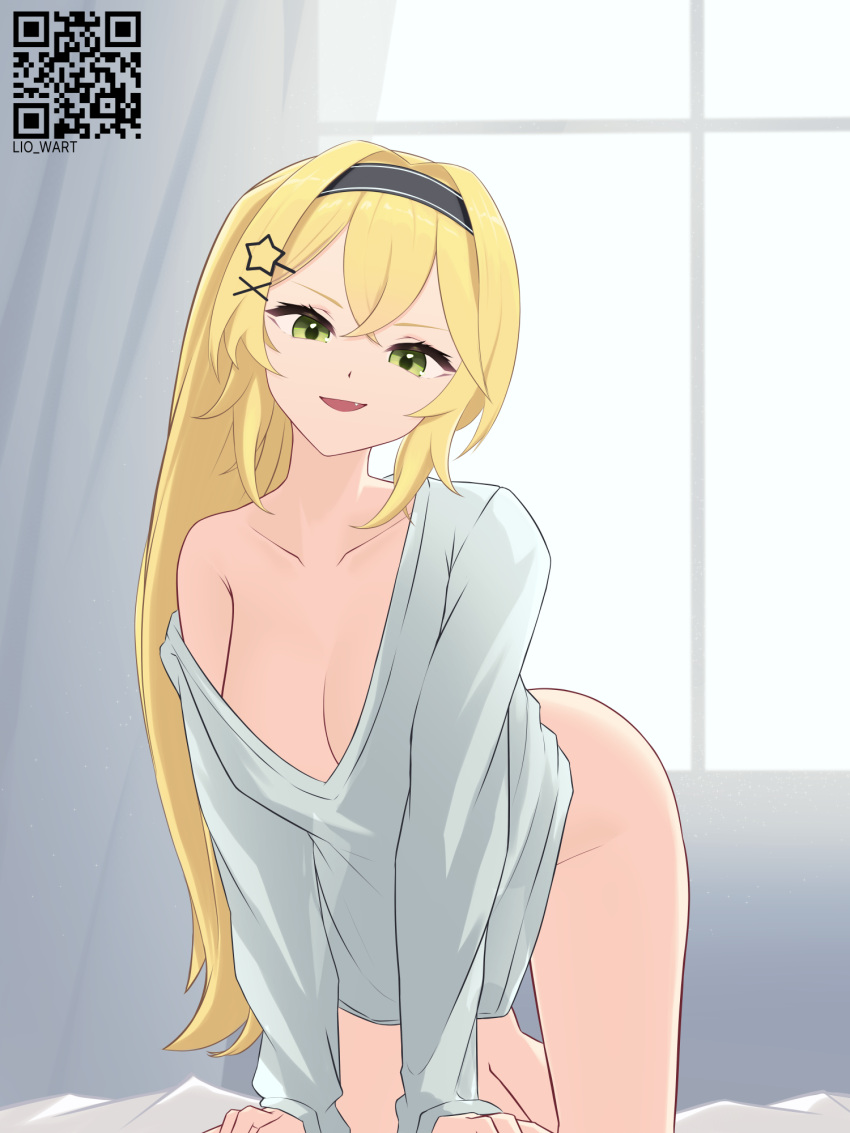 1girl all_fours artist_name barefoot black_hairband blonde_hair bottomless breasts crossed_bangs dokibird_(vtuber) fang green_eyes grey_shirt hair_ornament hairband hairclip highres indie_virtual_youtuber lio_wart long_hair long_sleeves looking_at_viewer medium_breasts naked_shirt no_bra open_mouth oversized_clothes oversized_shirt shirt side_ponytail single_bare_shoulder smug solo star_(symbol) star_hair_ornament very_long_hair virtual_youtuber x_hair_ornament