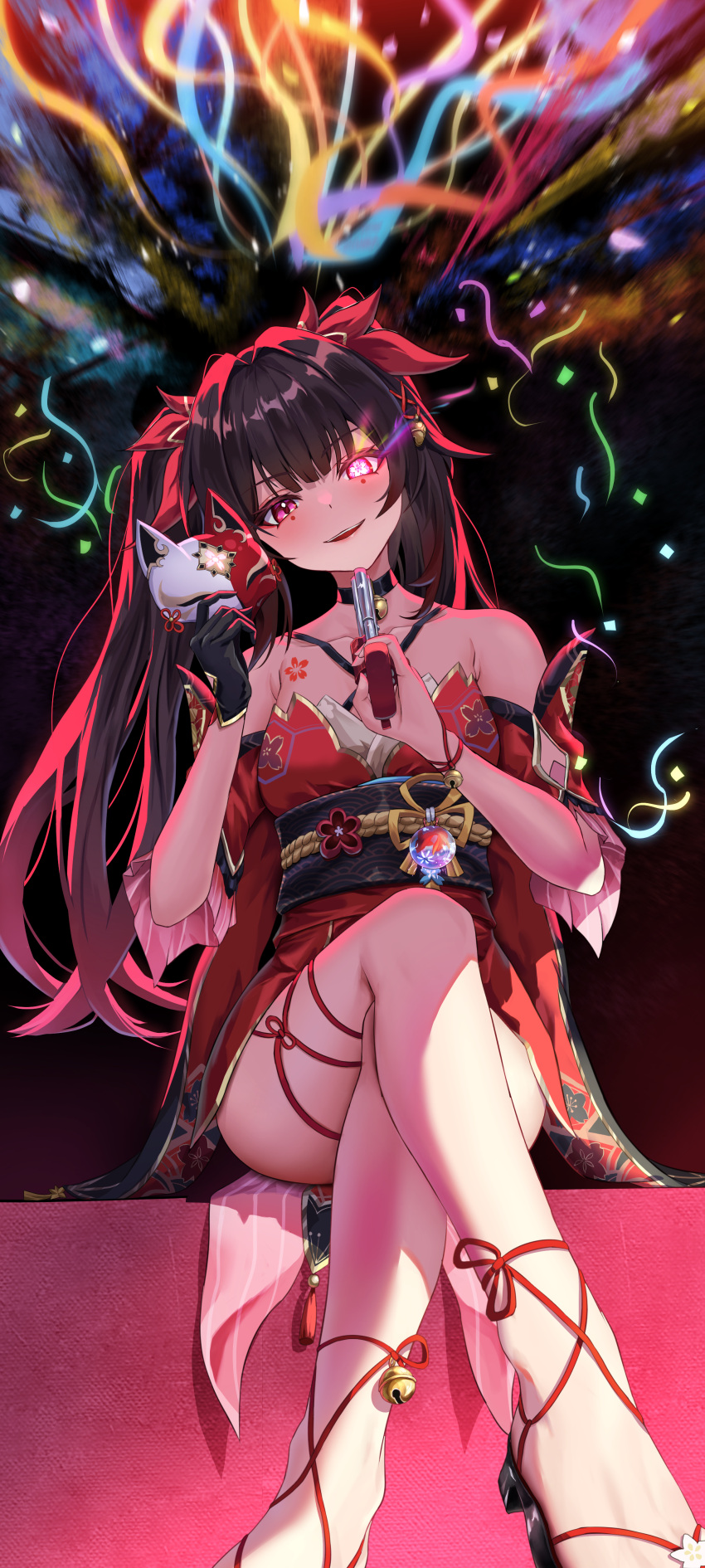 1girl absurdres bare_shoulders bell black_choker black_gloves black_sash bow breasts brown_hair butterfly-shaped_pupils choker crossed_legs dress english_commentary flower_tattoo fox_mask gloves gun hair_bow halterneck highres holding holding_mask honkai:_star_rail honkai_(series) long_hair looking_at_viewer mask mask_on_head neck_bell o-ring open_mouth pink_eyes red_dress red_sleeves revolver sash smile snubnosed_revolver solo sparkle_(honkai:_star_rail) symbol-shaped_pupils tattoo twintails una_hirag weapon