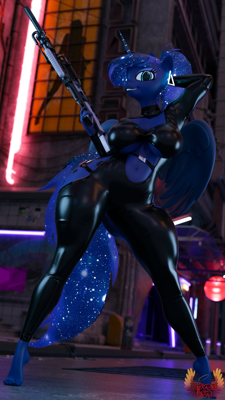 3d_(artwork) 4k 9:16 absurd_res anthro anthrofied barefoot blue_body blue_eyes blue_fur blue_hair blue_tail breasts cleavage clothed clothing cutie_mark cyberpunk digital_media_(artwork) ear_piercing equid equine feet friendship_is_magic fur gun hair hasbro hi_res horn humanoid_feet latex latex_clothing looking_at_viewer loveslove mammal my_little_pony mythological_creature mythological_equine mythology piercing plantigrade ponytail princess_luna_(mlp) ranged_weapon rifle smile solo sparkles starry_hair starry_tail tail under_boob weapon winged_unicorn wings