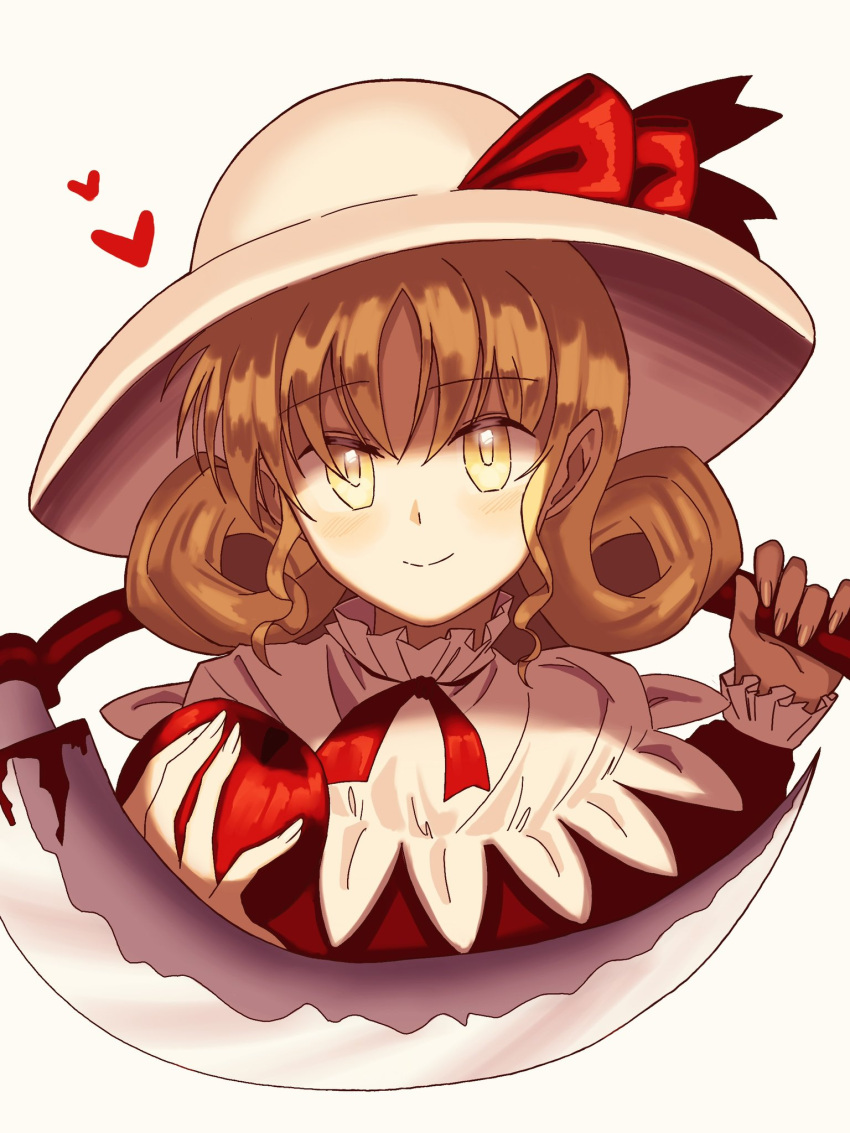 1girl apple blonde_hair capelet closed_mouth commentary_request curly_hair dress elly_(touhou) food fruit happy hat hat_ribbon head_tilt heart highres holding holding_food holding_fruit holding_scythe neck_ribbon red_dress red_ribbon ribbon scythe simple_background smile solo sun_hat touhou touhou_(pc-98) turtle-kun white_background white_capelet white_hat yellow_eyes