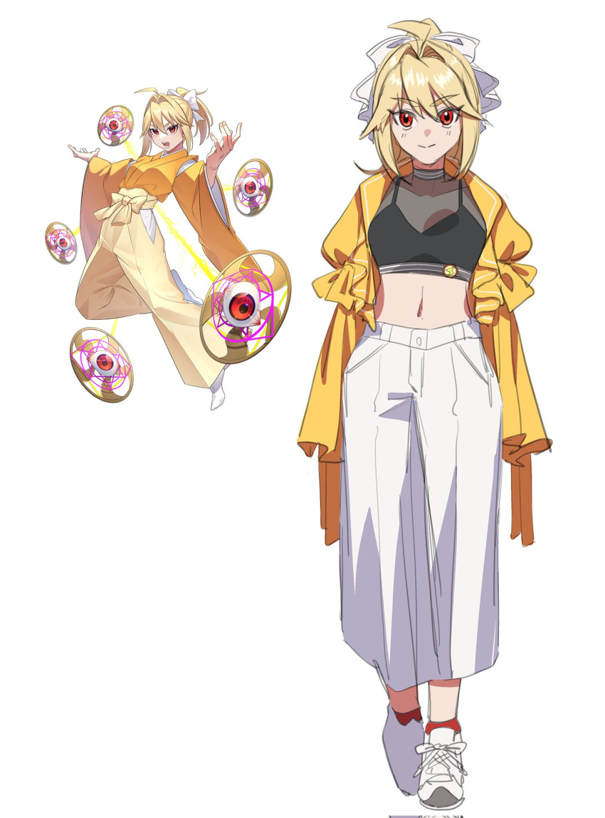 1girl black_sports_bra blonde_hair guumin hair_ribbon highres jacket midriff navel pants ponytail red_eyes ribbon shoes simple_background sneakers socks sports_bra standing touhou touhou_(pc-98) white_background white_footwear white_pants yellow_jacket yellow_pants yuugenmagan