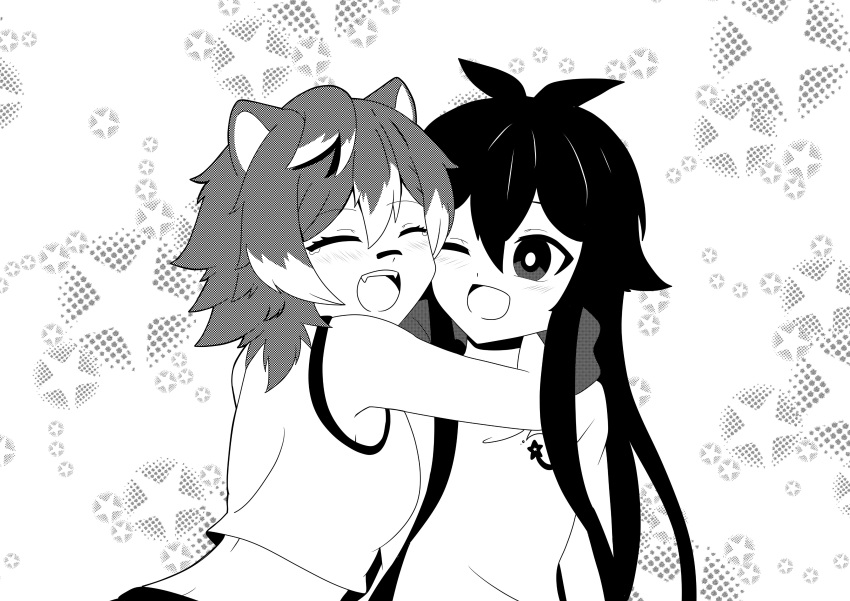 2girls :d ^_^ absurdres animal_ears antenna_hair bandaid bandaid_on_face bandaid_on_nose camisole closed_eyes colored_tips commentary cropped_shirt fang greyscale hair_between_eyes hair_flaps halftone happy highres hood hoodie hug indie_virtual_youtuber kimurasenpai light_blush lin_kaimane long_hair medium_hair midriff monochrome multicolored_hair multiple_girls one_eye_closed open_mouth original raccoon_ears raccoon_girl rakkun_sutaru second-party_source shirt sidelocks sleeveless sleeveless_shirt smile spanish_commentary star_(symbol) teeth upper_body upper_teeth_only virtual_youtuber white_background