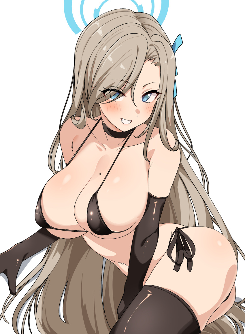 1girl absurdres alternate_costume asuna_(blue_archive) bikini black_bikini black_choker black_gloves black_thighhighs blue_archive blue_eyes blue_halo blue_ribbon blush breasts choker cleavage cowboy_shot elbow_gloves eyes_visible_through_hair gloves grin hair_over_one_eye hair_ribbon halo highres large_breasts light_brown_hair long_hair looking_at_viewer mole mole_on_breast navel ribbon seihekiog side-tie_bikini_bottom simple_background smile solo standing string_bikini swimsuit teeth thighhighs very_long_hair white_background