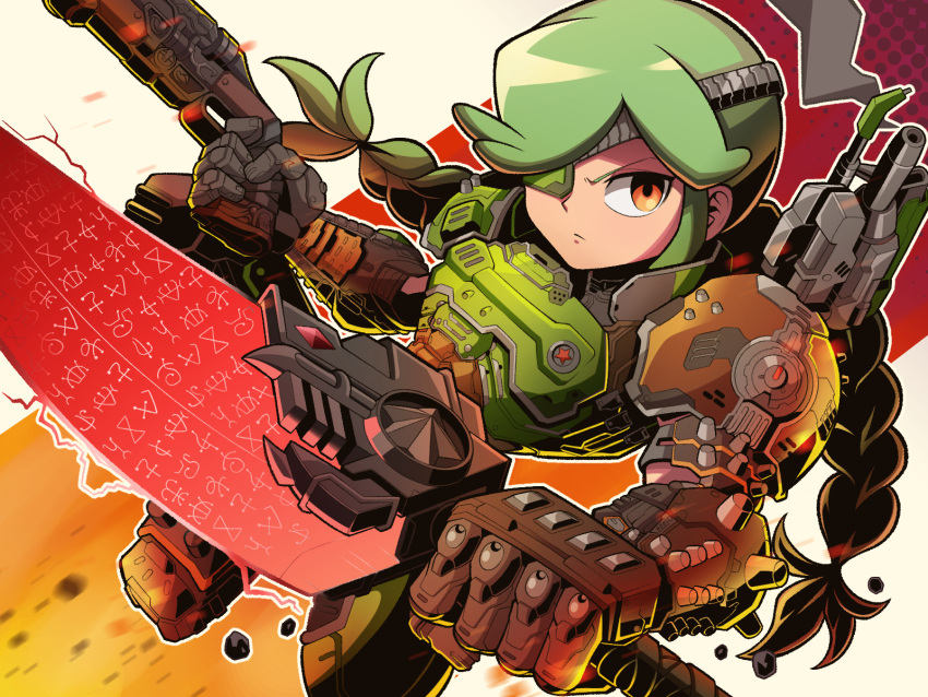 1girl annie_(skullgirls) armor braid closed_mouth commentary_request cosplay crossover crucible_(doom) debris doom_(series) doom_eternal doomguy doomguy_(cosplay) dual_wielding dutch_angle energy_sword eyepatch finger_on_trigger green_armor green_hair gun highres holding holding_gun holding_weapon long_hair looking_at_viewer metal_eyepatch orange_eyes pechamaju praetor_suit shotgun shoulder_cannon simple_background skullgirls star_(symbol) sword twin_braids v-shaped_eyebrows weapon