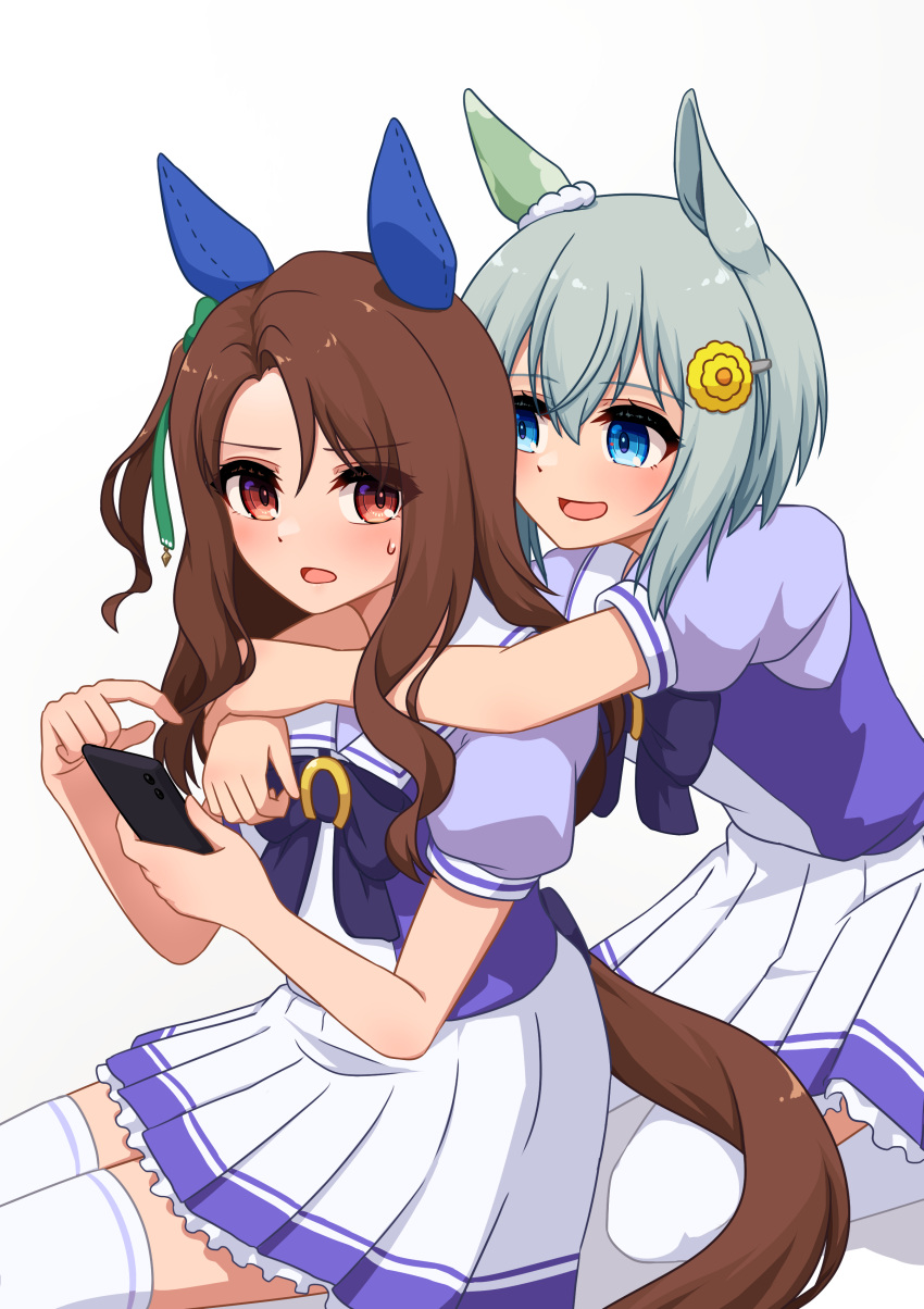 2girls absurdres blue_eyes blush bow commentary_request ear_bow ear_covers green_bow grey_hair hair_between_eyes hair_ornament hairclip highres hug king_halo_(umamusume) lexis_yayoi long_hair multiple_girls open_mouth petticoat pleated_skirt puffy_short_sleeves puffy_sleeves purple_bow purple_shirt red_eyes sailor_collar school_uniform seiun_sky_(umamusume) shirt short_sleeves simple_background single_ear_cover sitting skirt summer_uniform tracen_school_uniform umamusume white_background white_skirt