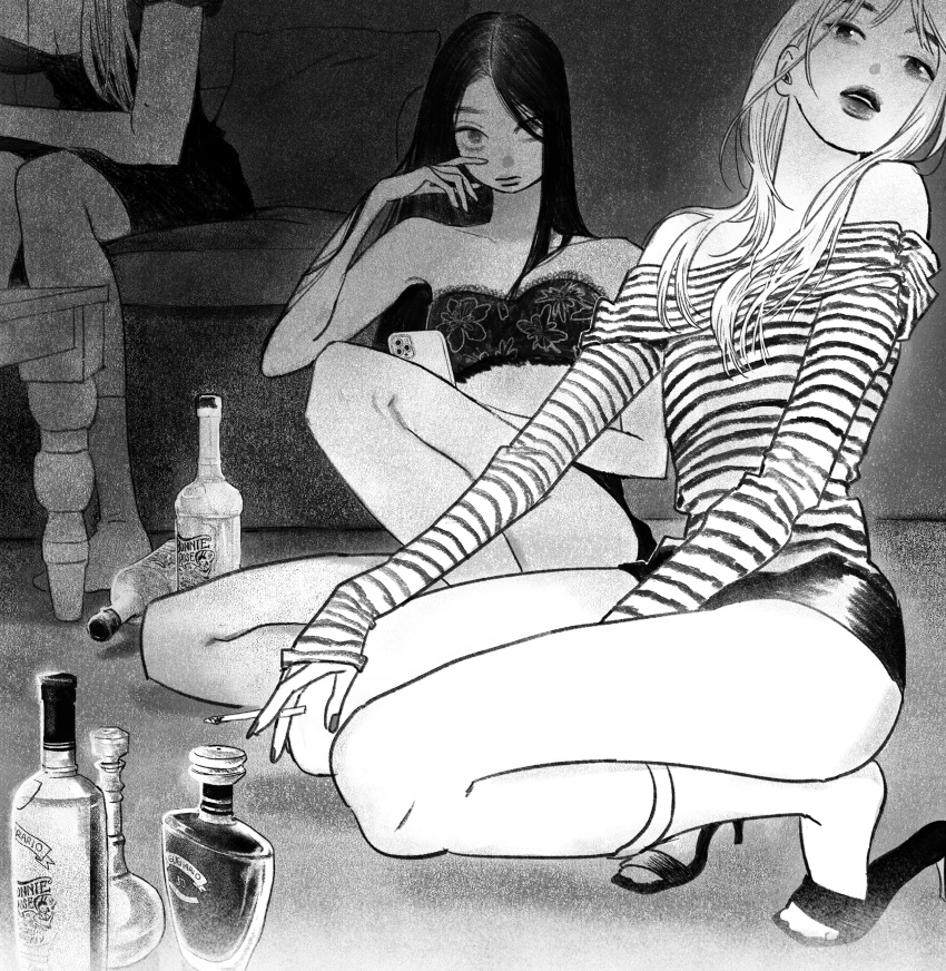 3girls absurdres alcohol bare_shoulders between_fingers between_legs bottle cellphone cigarette closed_mouth couch dress greyscale hair_over_one_eye hand_between_legs hand_on_own_face hand_up head_tilt high_heels highres holding holding_cigarette knee_up lipstick long_hair looking_at_viewer makeup midriff monochrome multiple_girls nail_polish oddxegg0 off-shoulder_shirt off_shoulder on_floor original out_of_frame parted_lips pencil_skirt phone shirt short_dress sitting skirt sleeves_past_wrists socks squatting stiletto_heels strapless striped_clothes striped_shirt swept_bangs table