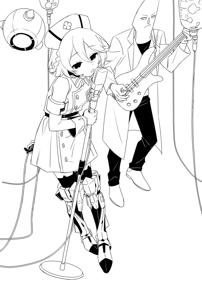 1boy 1girl arm_behind_back armlet belt blank_eyes boots braid cable closed_mouth coat collared_dress commentary_request dress drone full_body gloves greyscale guitar half-closed_eyes hat highres holding holding_cable holding_guitar holding_instrument holding_microphone_stand instrument intravenous_drip kawasaki_(5s5_g) kenzaki_mesuo knee_boots lab_coat leaning_forward looking_at_viewer mechanical_boots microphone_stand monochrome music nurse_cap nurse_robot_type_t object_head open_clothes open_coat open_mouth pants playing_instrument shirt shoes short_dress short_hair side_braid simple_background singing sleeveless sleeveless_dress standing thighhighs utau voicevox