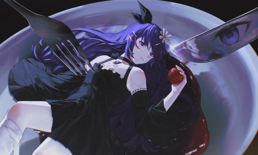 1boy apple bandaged_leg bandages bare_shoulders black_bow black_choker black_dress bow choker detached_sleeves dress flower food fork fruit hair_flower hair_ornament highres holding holding_food holding_fruit knife lithos_(punishing:_gray_raven) long_sleeves mechanical_parts on_plate otoko_no_ko punishing:_gray_raven purple_eyes purple_hair short_dress sidelocks suspenders x_hair_ornament zhou_huan_(dgpe2833)