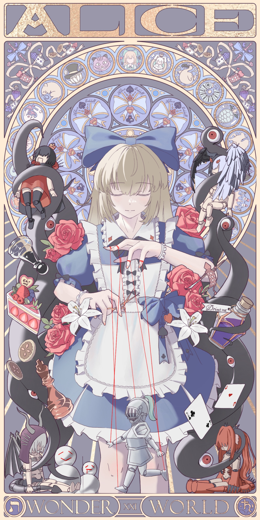 1girl absurdres ace_(playing_card) ace_of_diamonds ace_of_hearts alice_(black_souls) animalization apron armor bandersnatch_(black_souls) black_souls blue_bow blue_dress blueberry bow cake cake_slice card character_name cheshire_cat_(black_souls) chess_piece chxulozsx closed_eyes closed_mouth club_(shape) collared_dress cookie cowboy_shot crown diamond_(shape) dodo_(black_souls) dormouse_(black_souls) dress drink_me_potion eat_me flower food frilled_apron frilled_dress frills fruit griffy_(black_souls) grimm_(black_souls) hair_bow hands_up head_wings heart highres holding holding_scissors jabberwock_(black_souls) jewelry king_(chess) lily_(flower) lorina_(black_souls) march_hare_(black_souls) margaret_von_tyrol_(black_souls) mock_turtle_(black_souls) mushroom node_(black_souls) playing_card puppet puppet_rings puppet_strings queen_(chess) raspberry red_flower red_rose ring rose saturn_symbol scissors shisha_(black_souls) snowman solo spade_(shape) spoilers strawberry tarot tentacles the_world_(tarot) two_of_clubs two_of_spades waist_bow white_apron white_flower wings wrist_cuffs