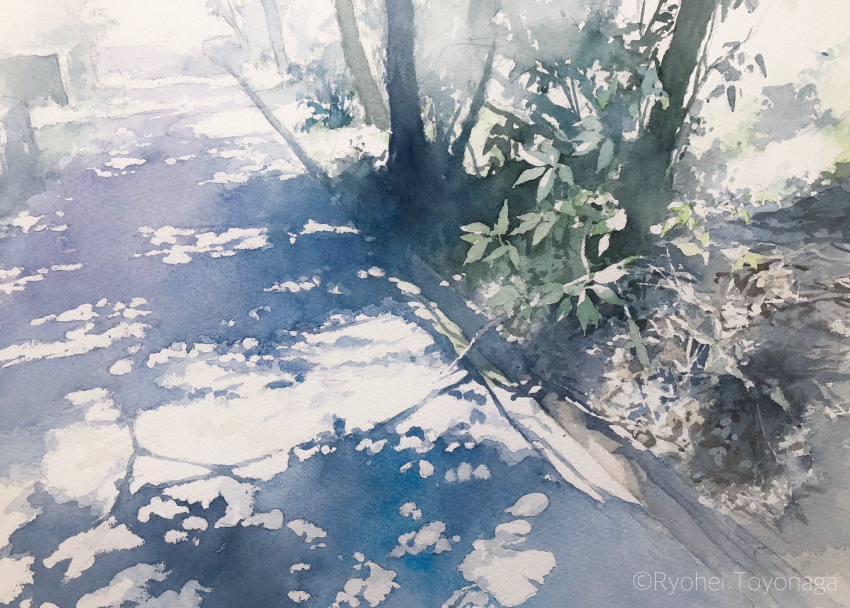 bush highres no_humans original painting_(medium) path plant realistic scenery shadow sunlight tr_watercolor traditional_media tree watercolor_(medium)