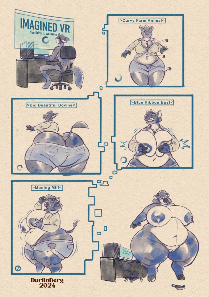 anthro areola belly big_areola bodily_fluids bottomwear bovid bovine breast_expansion breasts butt butt_expansion canid canine canis cattle clothed clothing computer doritoderg electronics english_text expansion female gender_transformation genitals hi_res hooves lactating male mammal mature_female mtf_transformation overweight overweight_anthro overweight_female panicking partially_clothed paws pussy shorts size_transformation solo solo_focus surprised_expression tail text thick_thighs torn_clothing transformation wardrobe_malfunction weight_gain wide_hips wolf