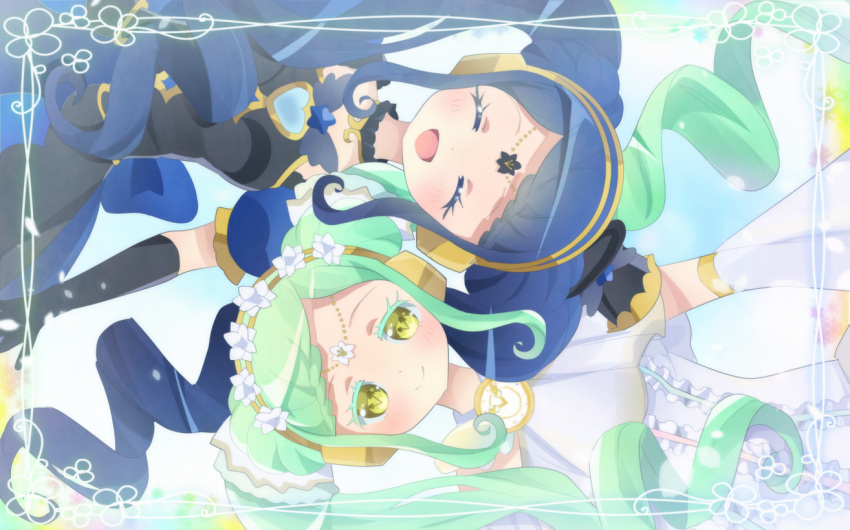 2girls black_dress black_gloves black_hat blue_hair braid braided_bangs commentary_request detached_sleeves dress facing_viewer falala_a_larm garara_s_leep gloves green_hair hat head_chain headphones heart idol_clothes idol_time_pripara jewelry long_hair lying mini_hat mini_top_hat multiple_girls nohoshio on_back open_mouth pretty_series pripara rotational_symmetry siblings sidelocks sisters smile top_hat twins twintails very_long_hair white_dress yellow_eyes