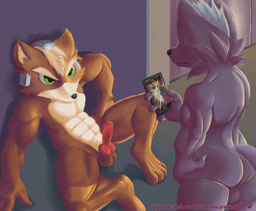 anthro armor balls butt canid canine canis digital_media_(artwork) duo erection fox fox_mccloud genitals headgear helmet hi_res k9player_(artist) looking_at_another looking_back male male/male mammal nintendo nude penis phone recording sitting star_fox video_games wolf wolf_o'donnell