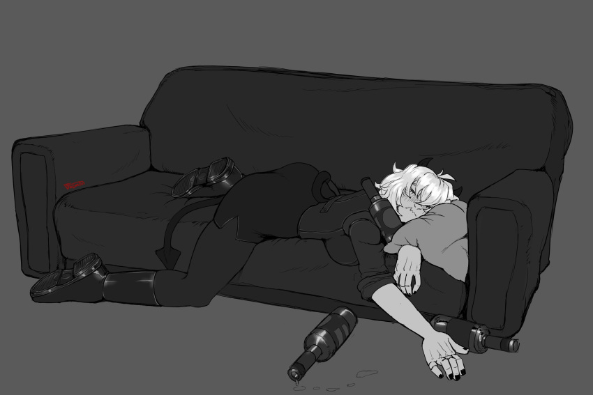 1girl boots bottle closed_eyes couch demon demon_girl demon_horns demon_tail drunk grey_background greyscale helltaker highres horns malina_(helltaker) monochrome on_couch skirt sleeping tail thighhighs vosmon white_hair