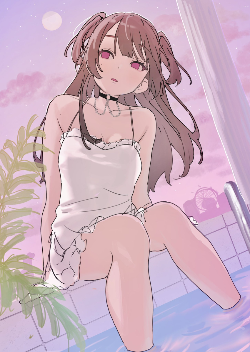 1girl bare_shoulders black_choker brown_hair camisole choker collarbone daluto_(hitomi555) dutch_angle highres knees_together_feet_apart moon night original parted_lips partially_submerged pink_sky plant red_eyes sitting sky solo star_(sky) starry_sky water white_camisole