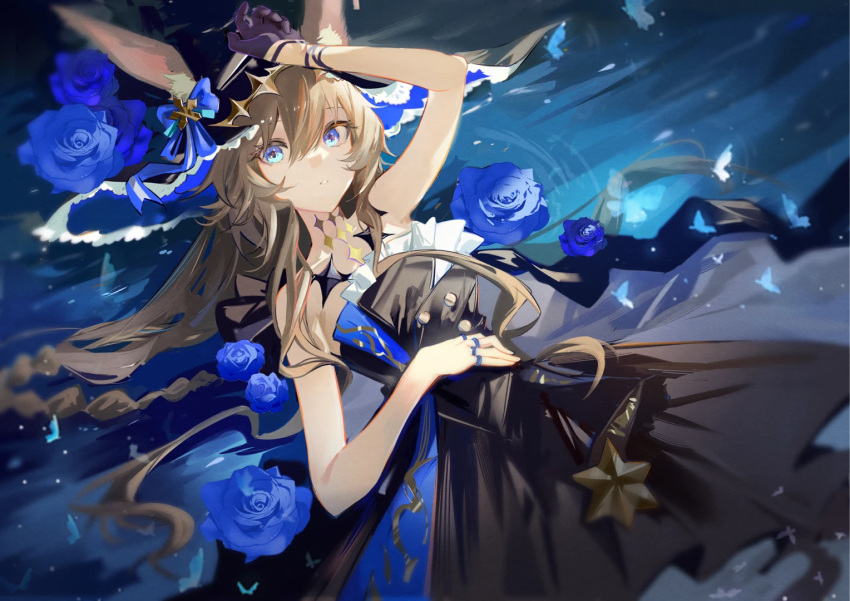 1girl ambience_synesthesia amiya_(arknights) animal_ears arknights arm_up bare_shoulders black_dress black_hat blue_bow blue_eyes blue_flower blue_gloves blue_rose bow brown_hair bug butterfly chinese_commentary commentary_request dress flower gloves hair_between_eyes hand_on_own_stomach hat hat_bow jewelry juweibingbang long_hair multiple_rings official_alternate_costume parted_lips rabbit_ears rabbit_girl ring rose single_glove solo strapless strapless_dress very_long_hair witch_hat